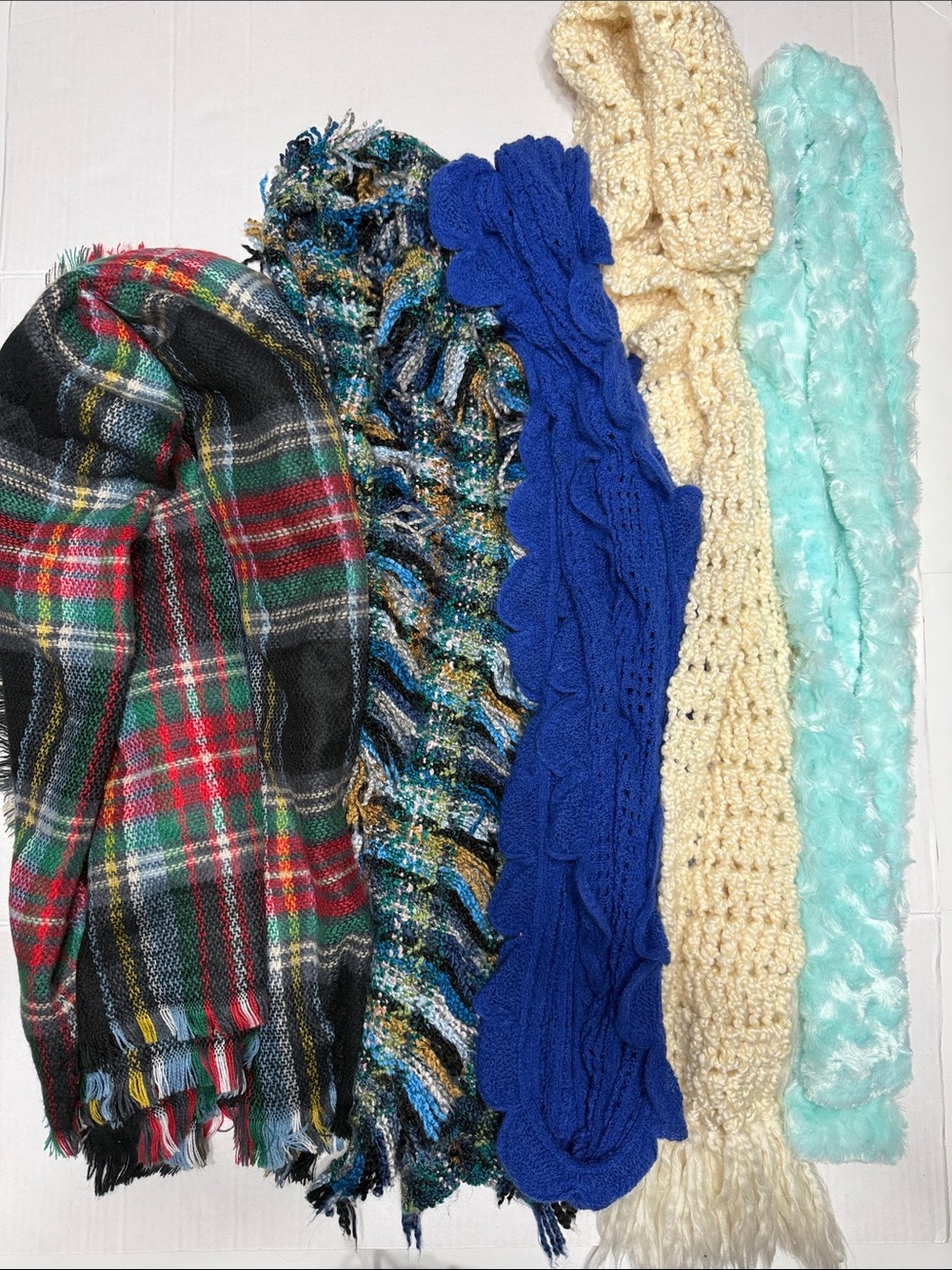 Assorted Five-Scarf Bundle - Plaid, Blue, Cream, Aqua, Textured